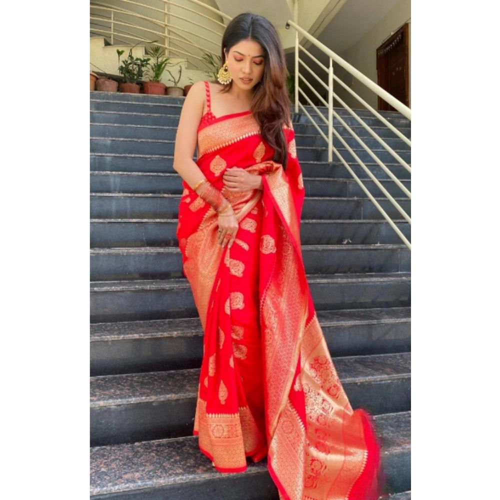 Amfyn Women's Silk Printed Saree With Unstitched Blouse 5.5Mtr (Red)