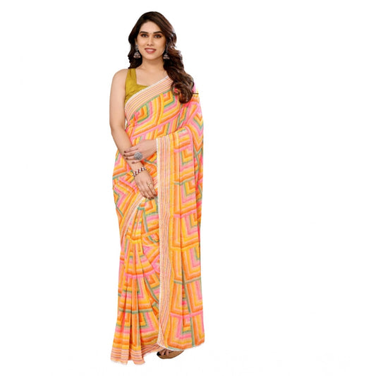 Amfyn Women's Small Lace Georgette Printed Ready-to-Wear Saree With Unstitched Blouse 5.5 Mtr (Yellow)