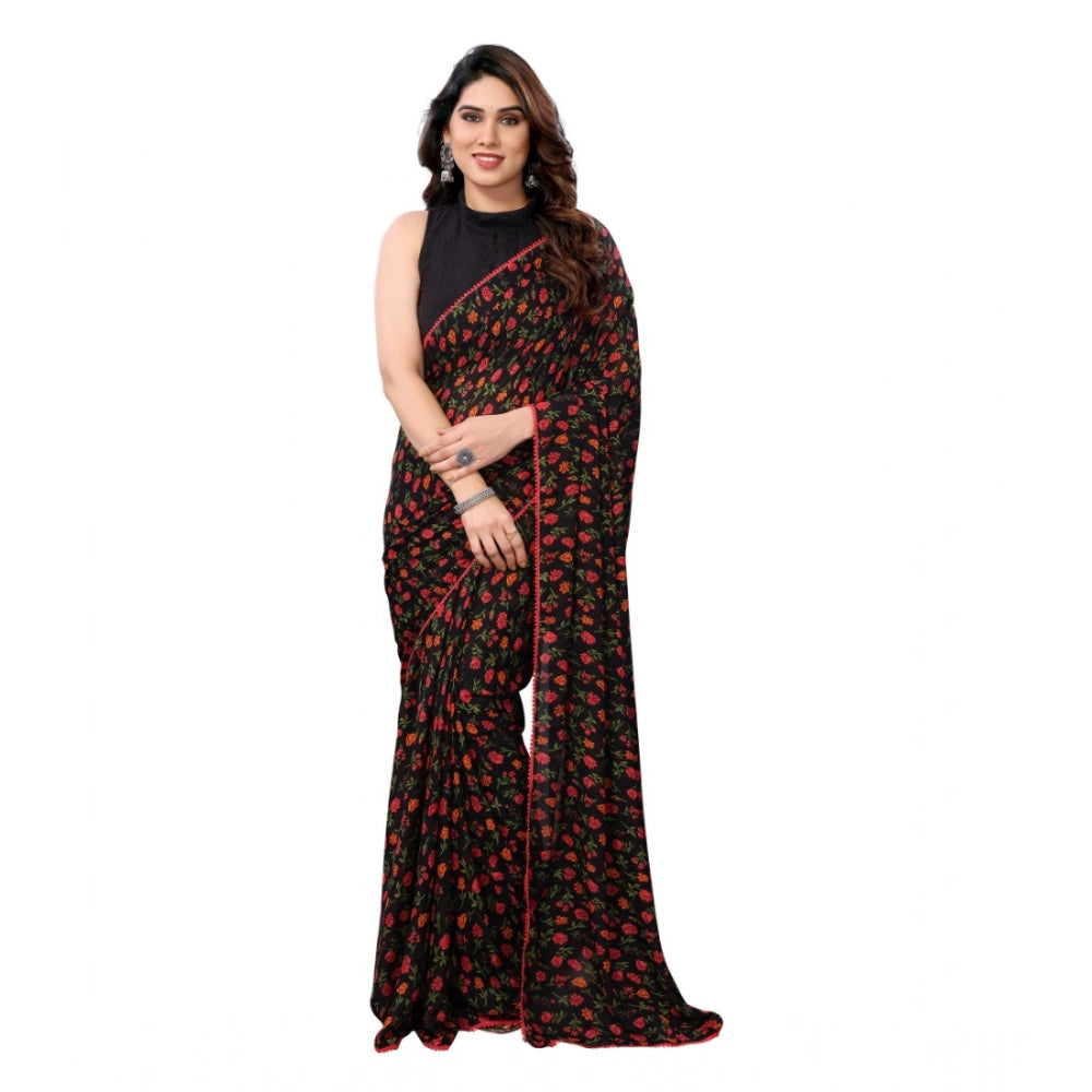 Amfyn Women's Small Lace Georgette Printed Ready-to-Wear Saree With Unstitched Blouse 5.5 Mtr (Black)