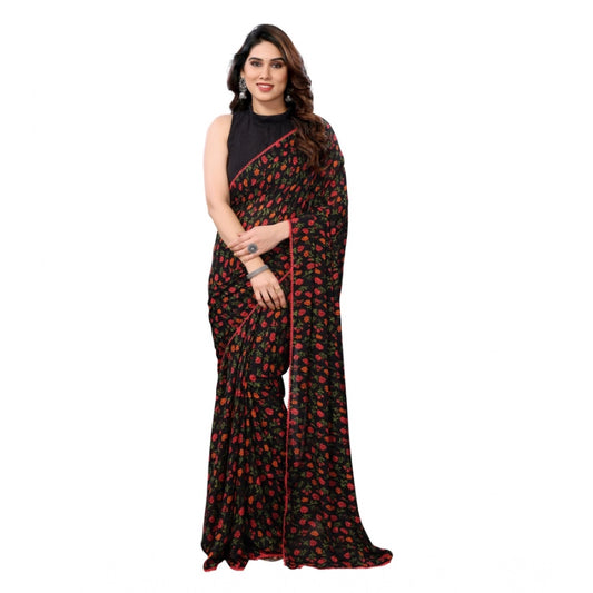 Amfyn Women's Small Lace Georgette Printed Ready-to-Wear Saree With Unstitched Blouse 5.5 Mtr (Black)