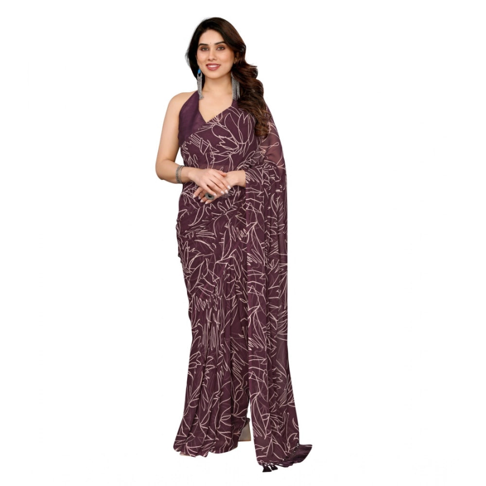 Amfyn Women's Zalar Lace Georgette Printed Ready-to-Wear Saree With Unstitched Blouse 5.5 Mtr (Wine)