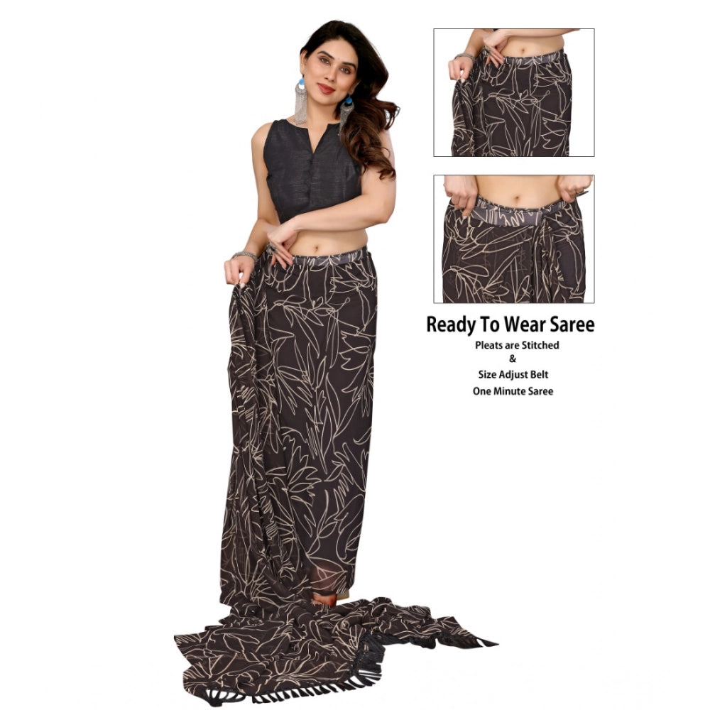 Amfyn Women's Zalar Lace Georgette Printed Ready-to-Wear Saree With Unstitched Blouse 5.5 Mtr (Brown)