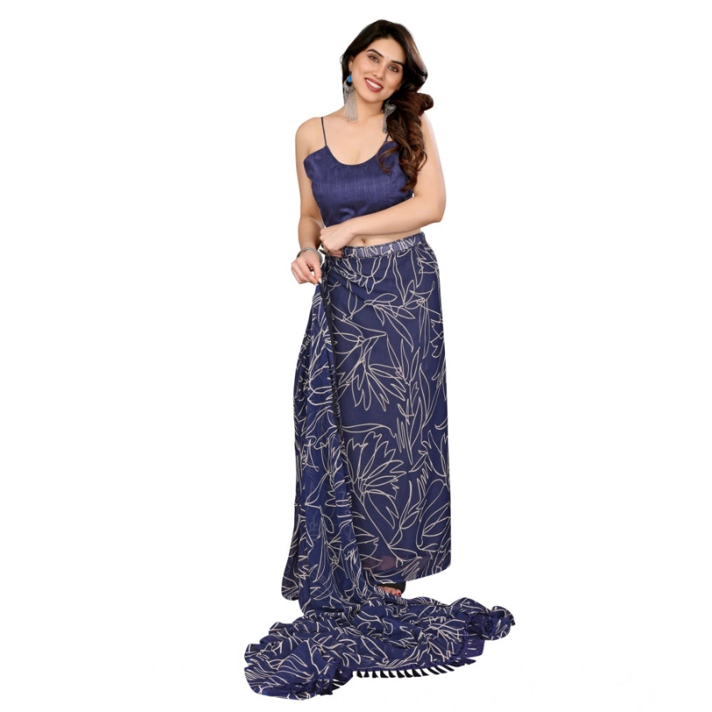 Amfyn Women's Zalar Lace Georgette Printed Ready-to-Wear Saree With Unstitched Blouse 5.5 Mtr (Blue)