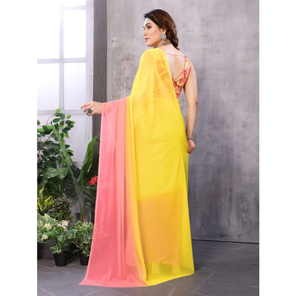 Amfyn Women's Small Lace Georgette Solid Ready-to-Wear Saree With Unstitched Blouse 5.5 Mtr (Pink-Yellow)