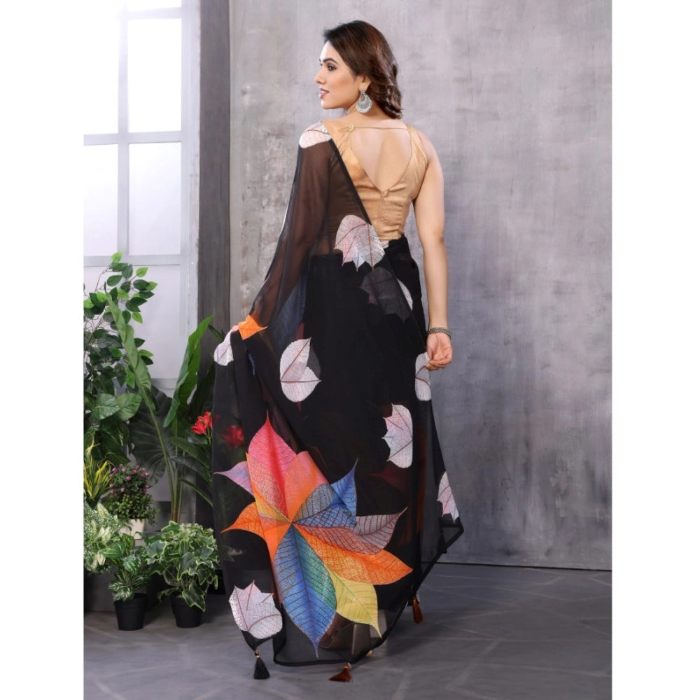 Amfyn Women's Small Lace Georgette Printed Ready-to-Wear Saree With Unstitched Blouse 5.5 Mtr (Black)
