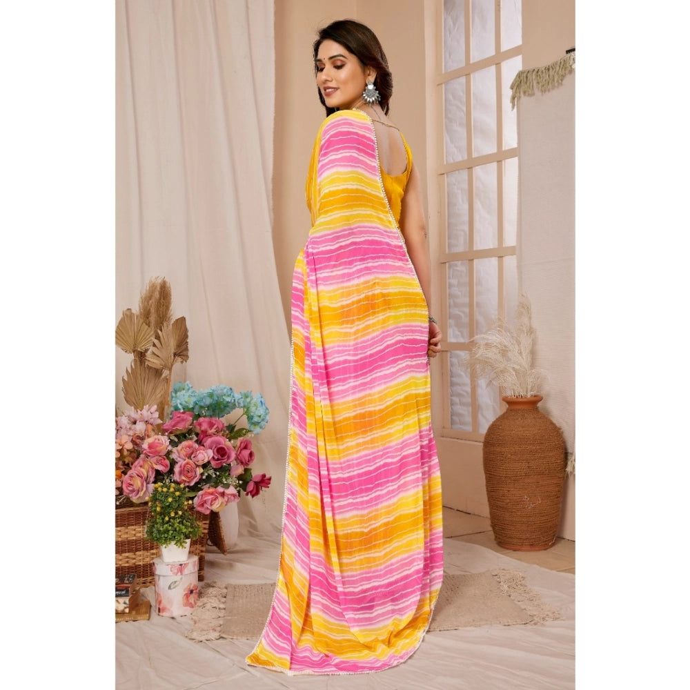Amfyn Women's Small Lace Georgette Striped Ready-to-Wear Saree With Unstitched Blouse 5.5 Mtr (Yellow-Pink)