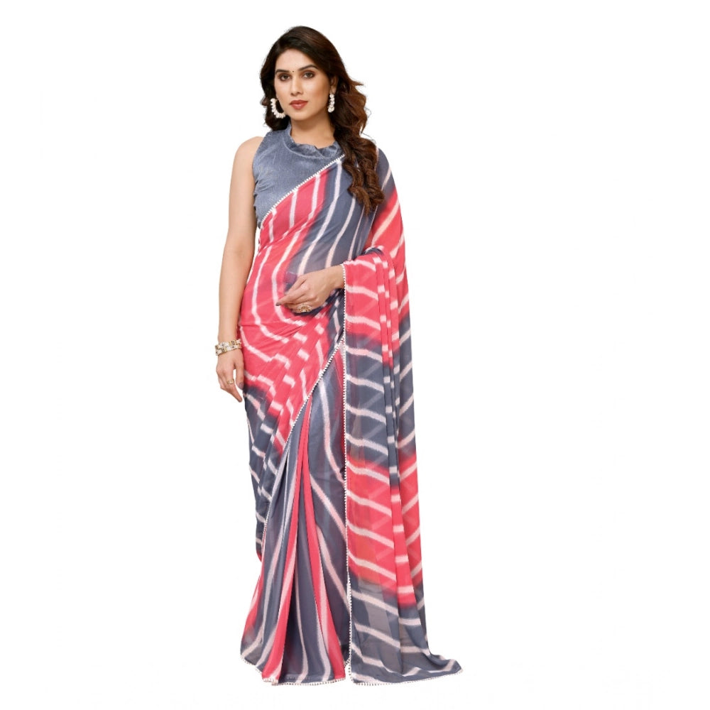 Amfyn Women's Small Lace Georgette Striped Ready-to-Wear Saree With Unstitched Blouse 5.5 Mtr (Pink)