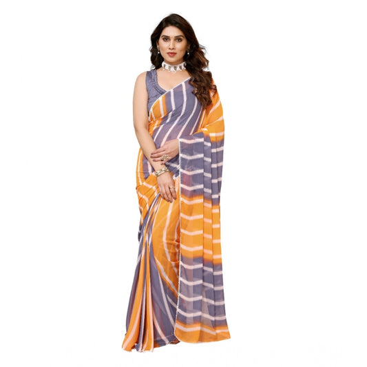 Amfyn Women's Small Lace Georgette Striped Ready-to-Wear Saree With Unstitched Blouse 5.5 Mtr (Orange-Grey)