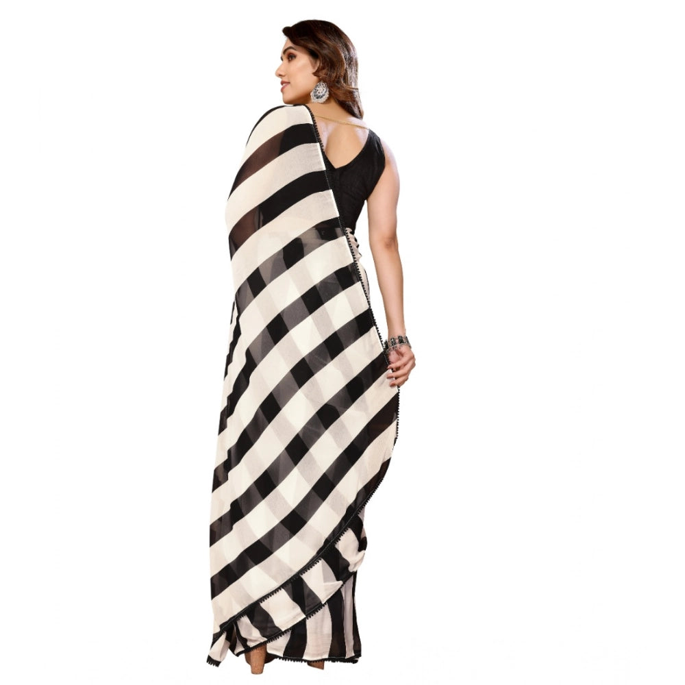 Amfyn Women's Small Lace Georgette Striped Ready-to-Wear Saree With Unstitched Blouse 5.5 Mtr (Black-White)
