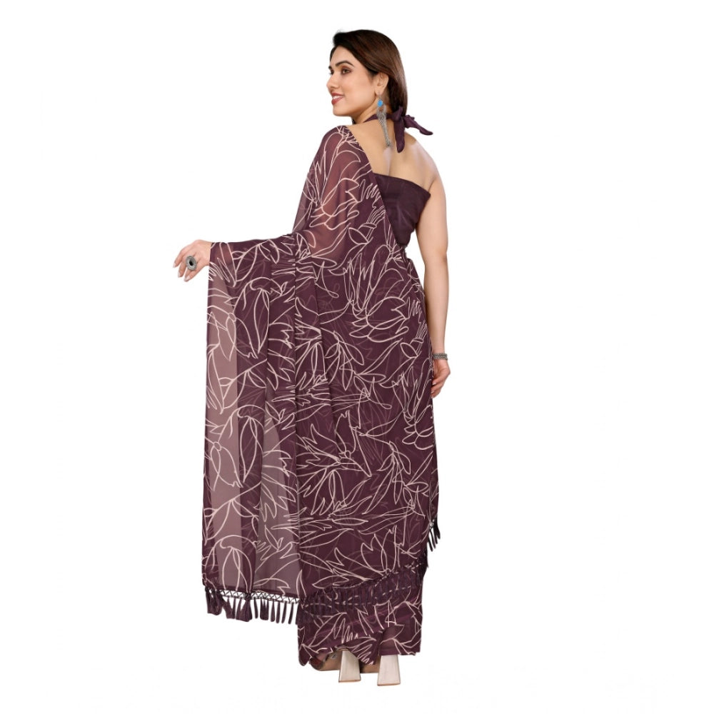 Amfyn Women's Zalar Lace Georgette Printed Ready-to-Wear Saree With Unstitched Blouse 5.5 Mtr (Wine)