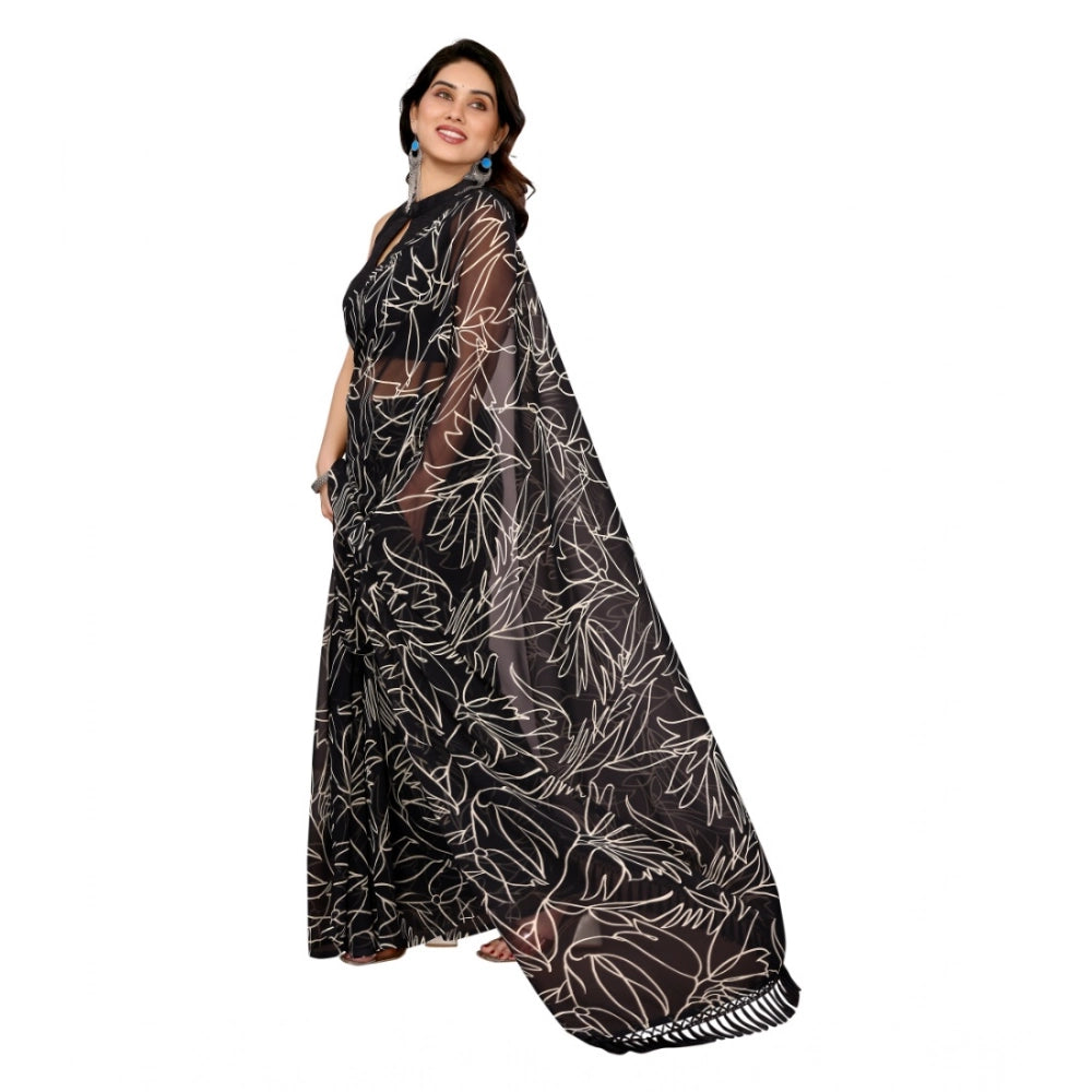 Amfyn Women's Zalar Lace Georgette Printed Ready-to-Wear Saree With Unstitched Blouse 5.5 Mtr (Black)