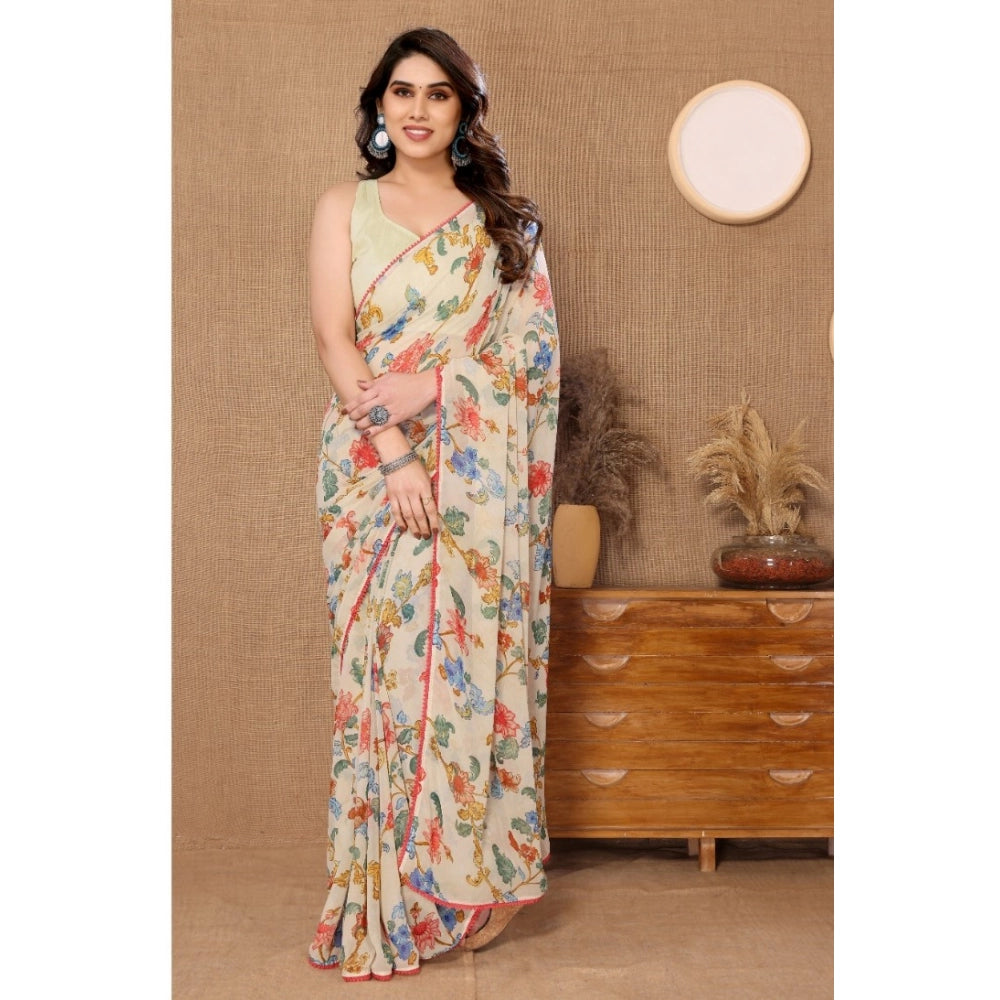 Amfyn Women's Small Lace Georgette Printed Ready-to-Wear Saree With Unstitched Blouse 5.5 Mtr (Off White)