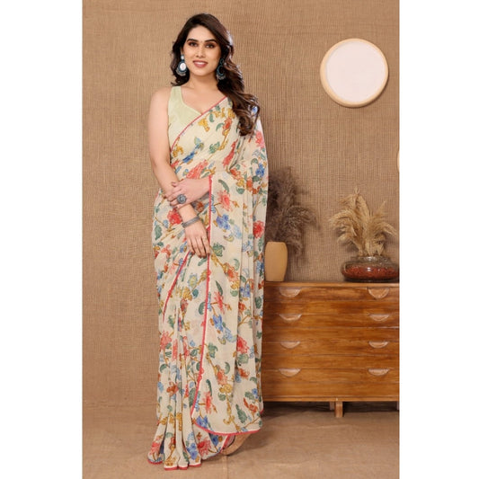 Amfyn Women's Small Lace Georgette Printed Ready-to-Wear Saree With Unstitched Blouse 5.5 Mtr (Off White)