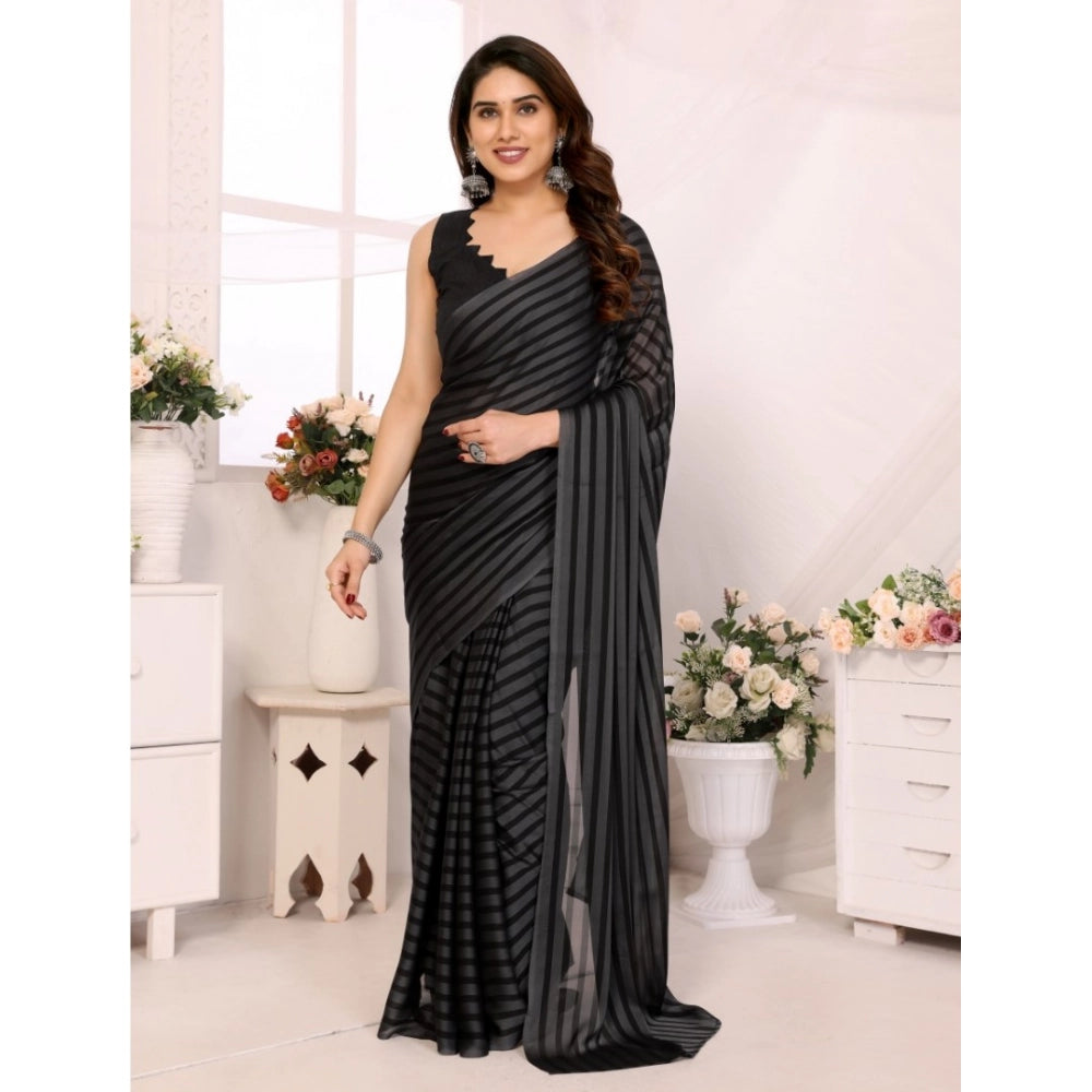 Amfyn Women's  Black Berry Striped Ready-to-Wear Saree With Unstitched Blouse 5.5 Mtr (Grey-Black)