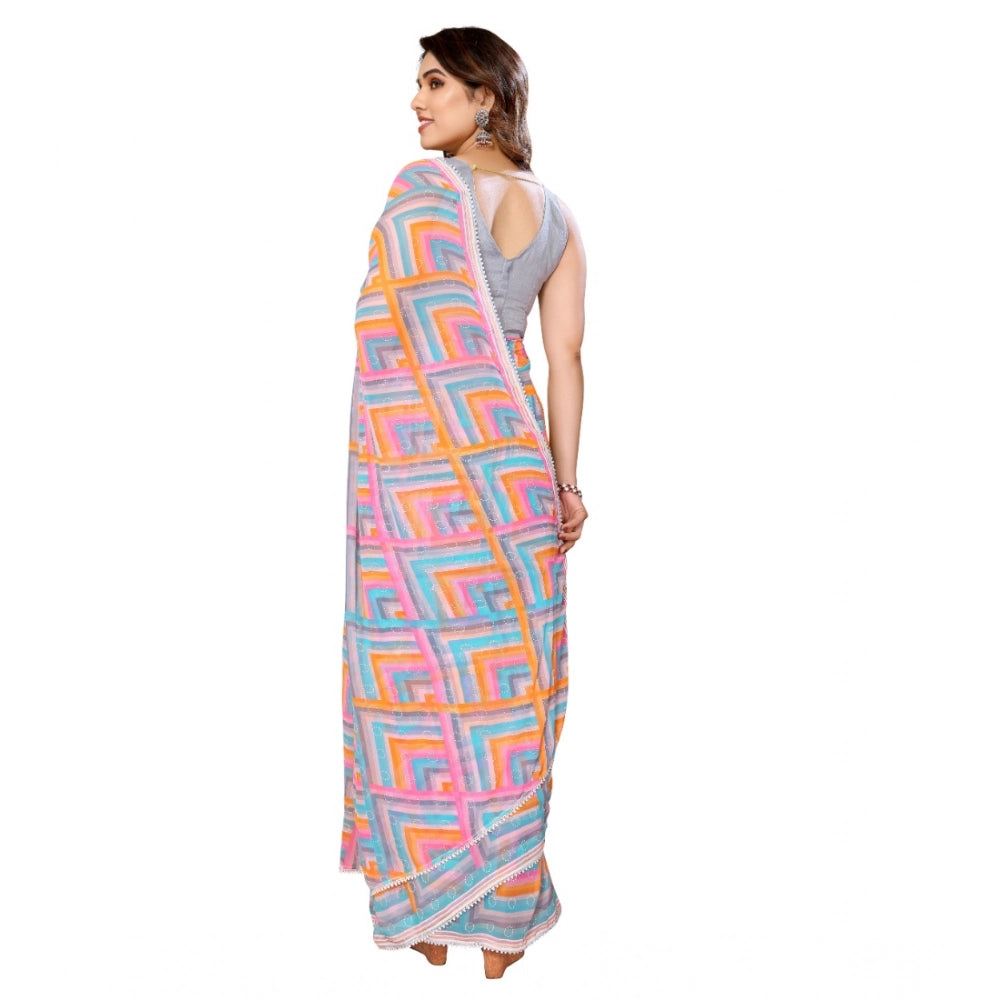 Amfyn Women's Small Lace Georgette Printed Ready-to-Wear Saree With Unstitched Blouse 5.5 Mtr (Grey)