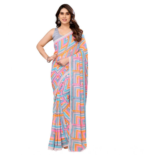 Amfyn Women's Small Lace Georgette Printed Ready-to-Wear Saree With Unstitched Blouse 5.5 Mtr (Grey)