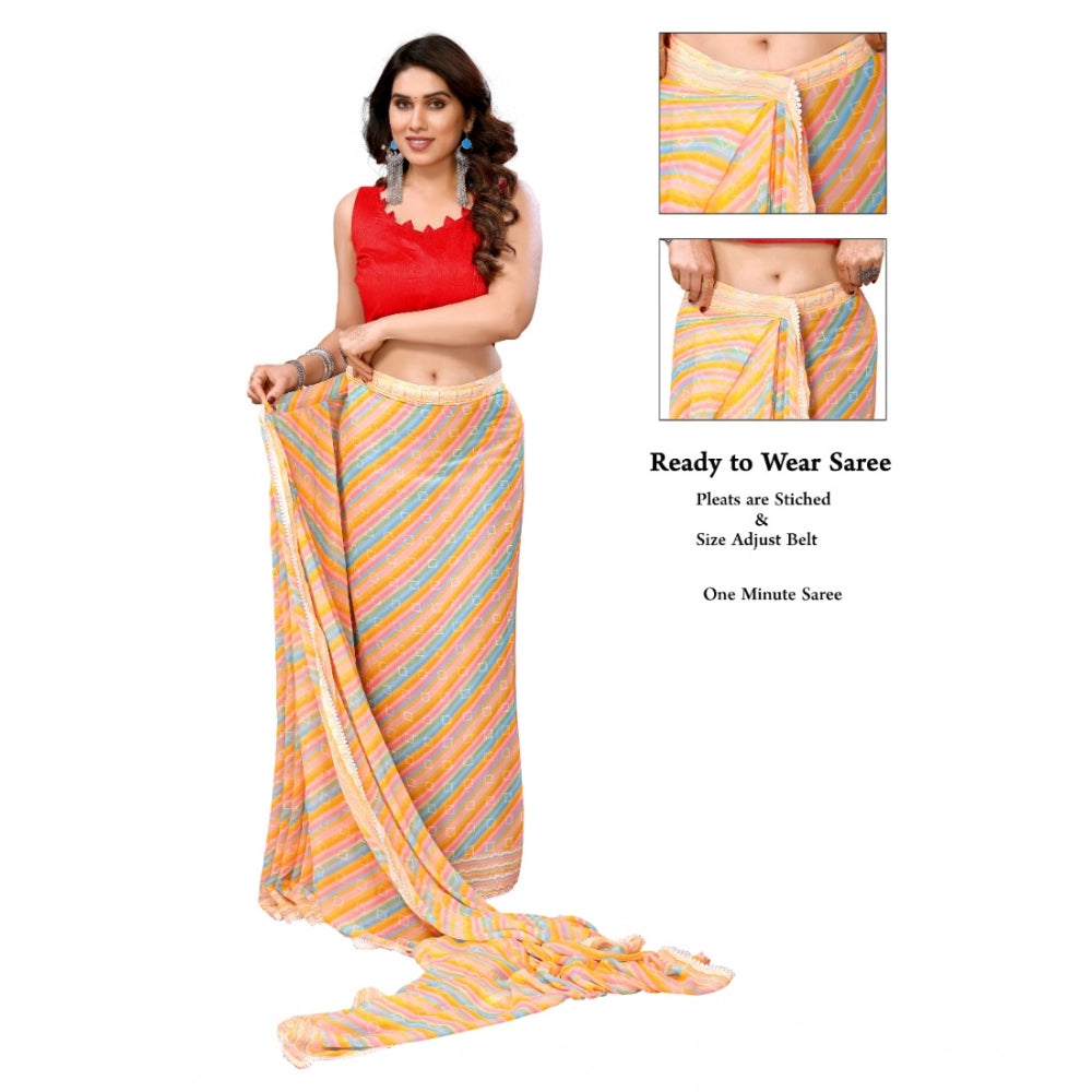 Amfyn Women's Small Lace Georgette Striped Ready-to-Wear Saree With Unstitched Blouse 5.5 Mtr (Yellow)