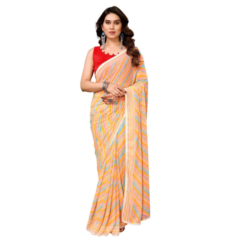 Amfyn Women's Small Lace Georgette Striped Ready-to-Wear Saree With Unstitched Blouse 5.5 Mtr (Yellow)