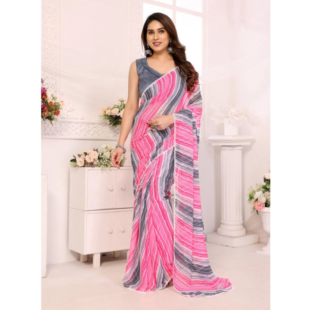 Amfyn Women's Small Lace Georgette Striped Ready-to-Wear Saree With Unstitched Blouse 5.5 Mtr (Grey)