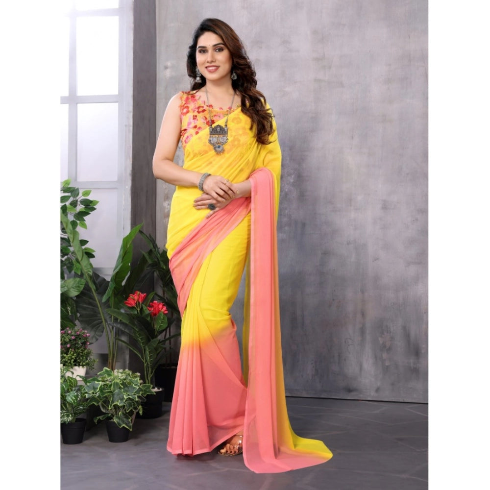 Amfyn Women's Small Lace Georgette Solid Ready-to-Wear Saree With Unstitched Blouse 5.5 Mtr (Pink-Yellow)