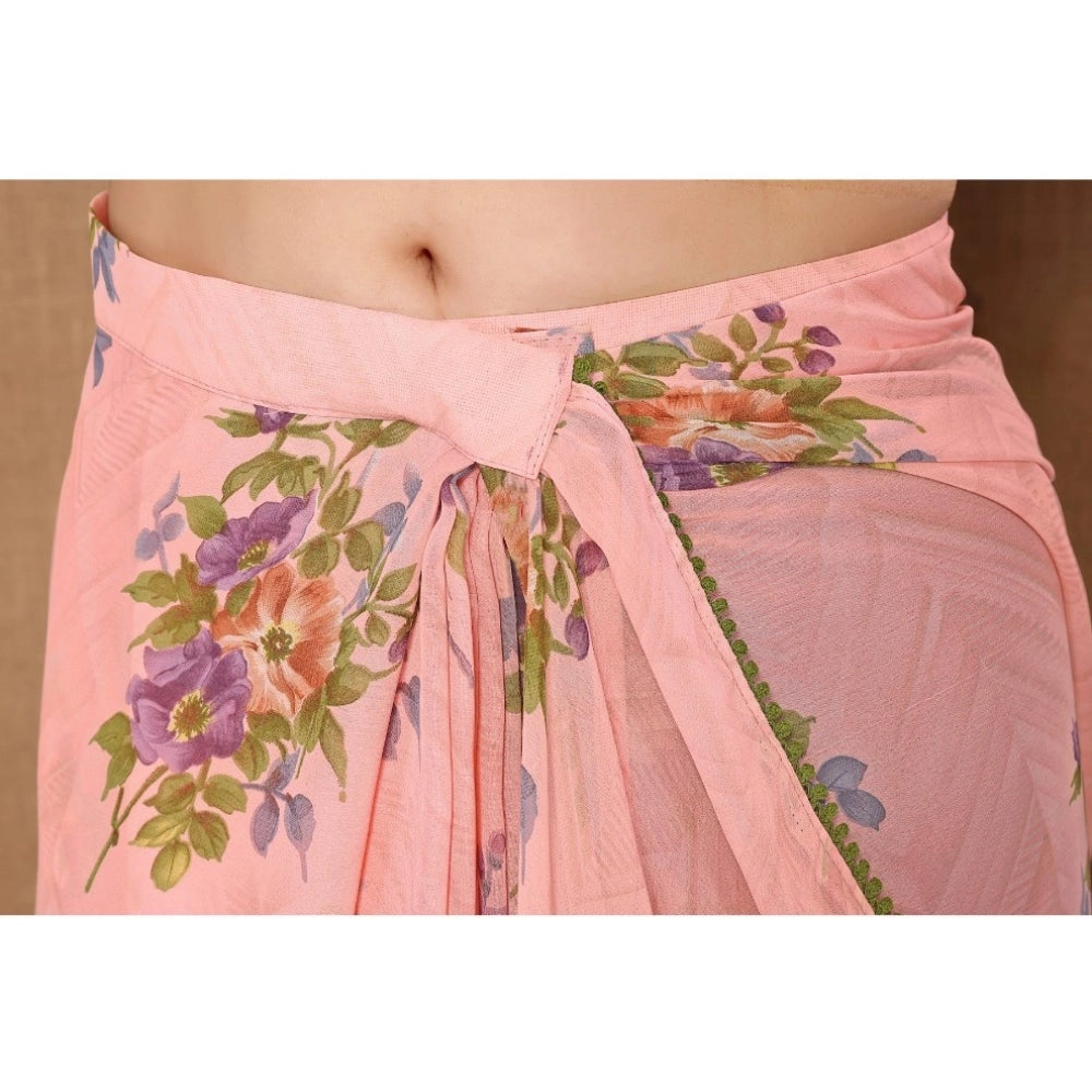 Amfyn Women's Small Lace Georgette Printed Ready-to-Wear Saree With Unstitched Blouse 5.5 Mtr (Peach)