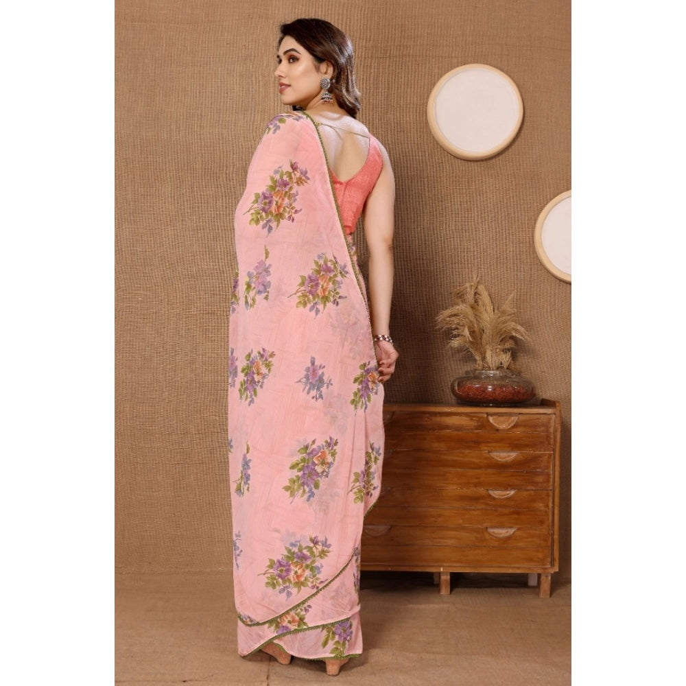 Amfyn Women's Small Lace Georgette Printed Ready-to-Wear Saree With Unstitched Blouse 5.5 Mtr (Peach)
