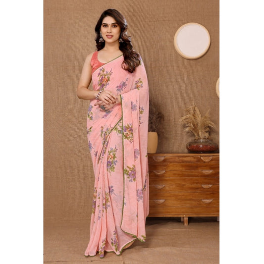 Amfyn Women's Small Lace Georgette Printed Ready-to-Wear Saree With Unstitched Blouse 5.5 Mtr (Peach)