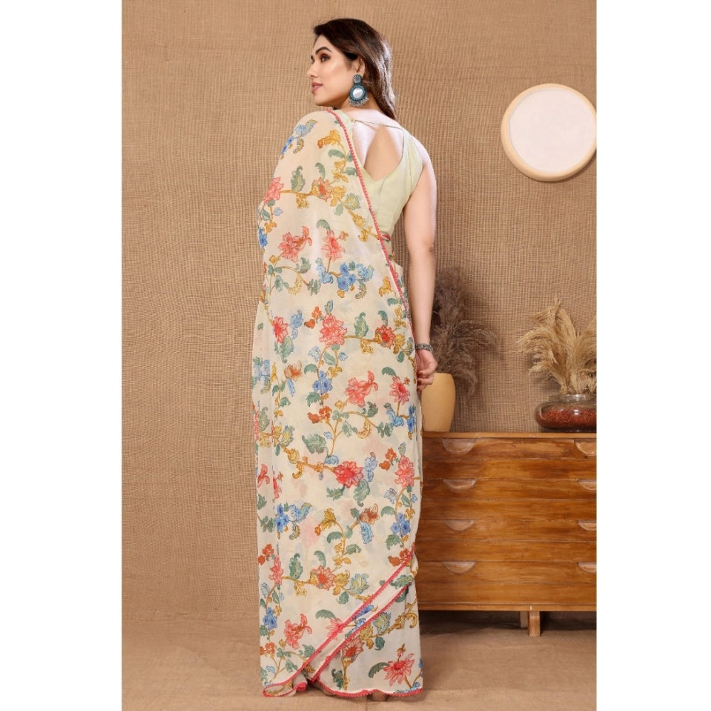 Amfyn Women's Small Lace Georgette Printed Ready-to-Wear Saree With Unstitched Blouse 5.5 Mtr (Off White)