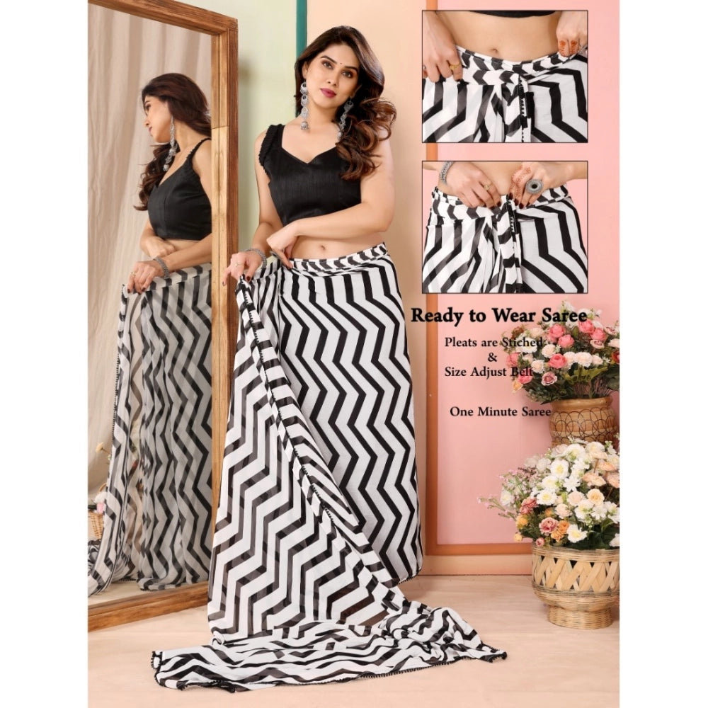 Amfyn Women's Small Lace Georgette Striped Ready-to-Wear Saree With Unstitched Blouse 5.5 Mtr (Black)