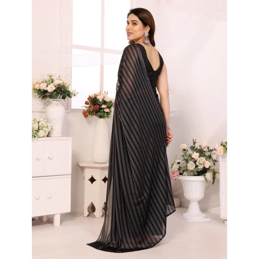 Amfyn Women's  Black Berry Striped Ready-to-Wear Saree With Unstitched Blouse 5.5 Mtr (Grey-Black)