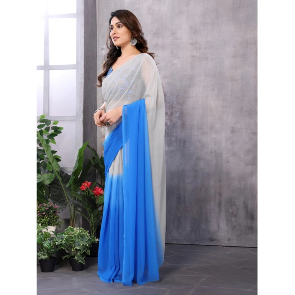 Amfyn Women's Small Lace Georgette Solid Ready-to-Wear Saree With Unstitched Blouse 5.5 Mtr (Grey-Blue)