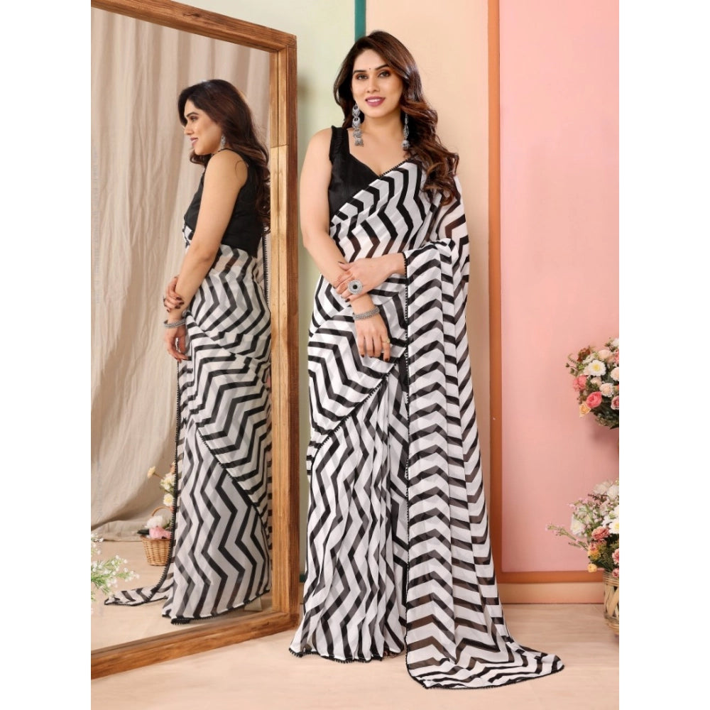 Amfyn Women's Small Lace Georgette Striped Ready-to-Wear Saree With Unstitched Blouse 5.5 Mtr (Black)