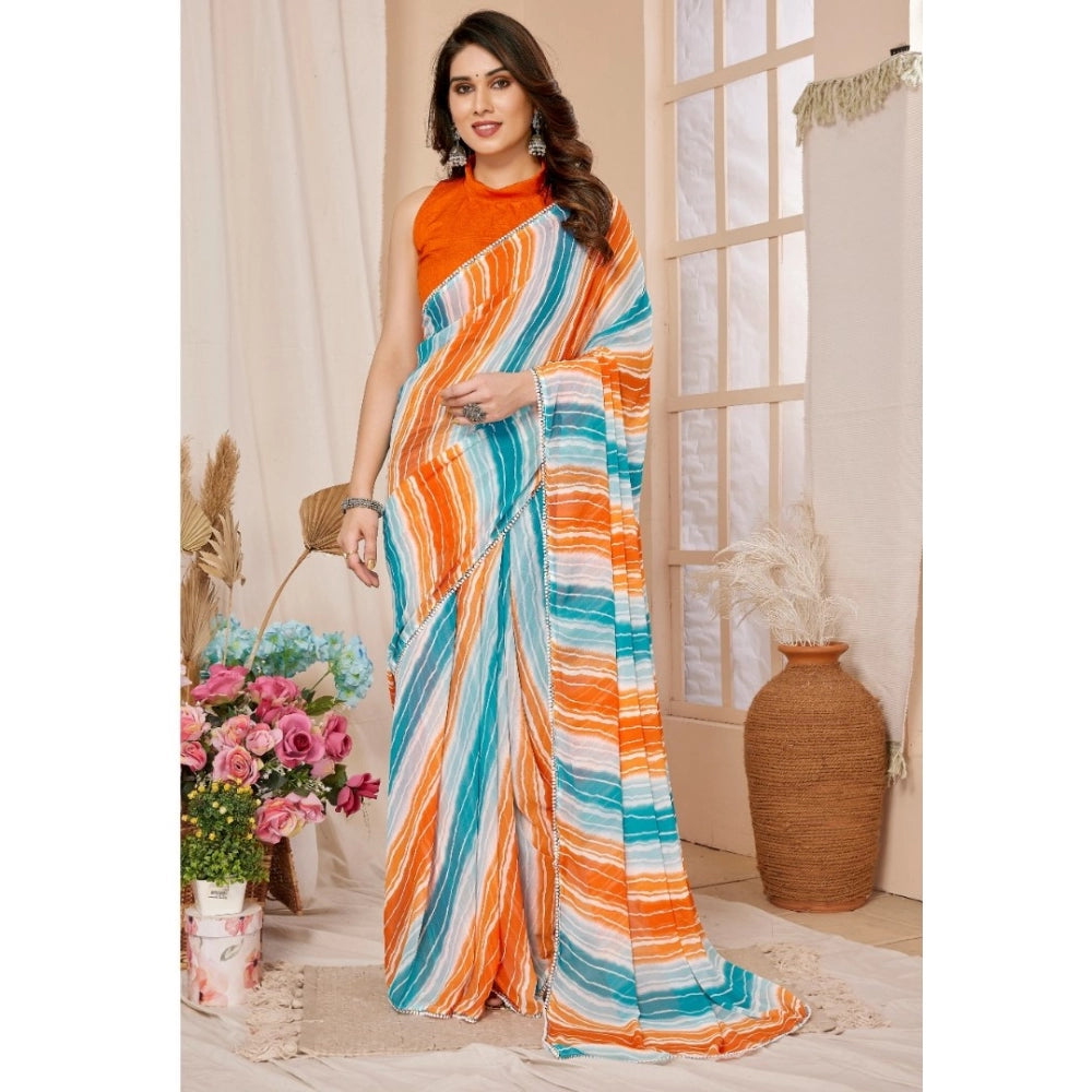 Amfyn Women's Small Lace Georgette Striped Ready-to-Wear Saree With Unstitched Blouse 5.5 Mtr (Multicolor)