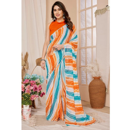 Amfyn Women's Small Lace Georgette Striped Ready-to-Wear Saree With Unstitched Blouse 5.5 Mtr (Multicolor)