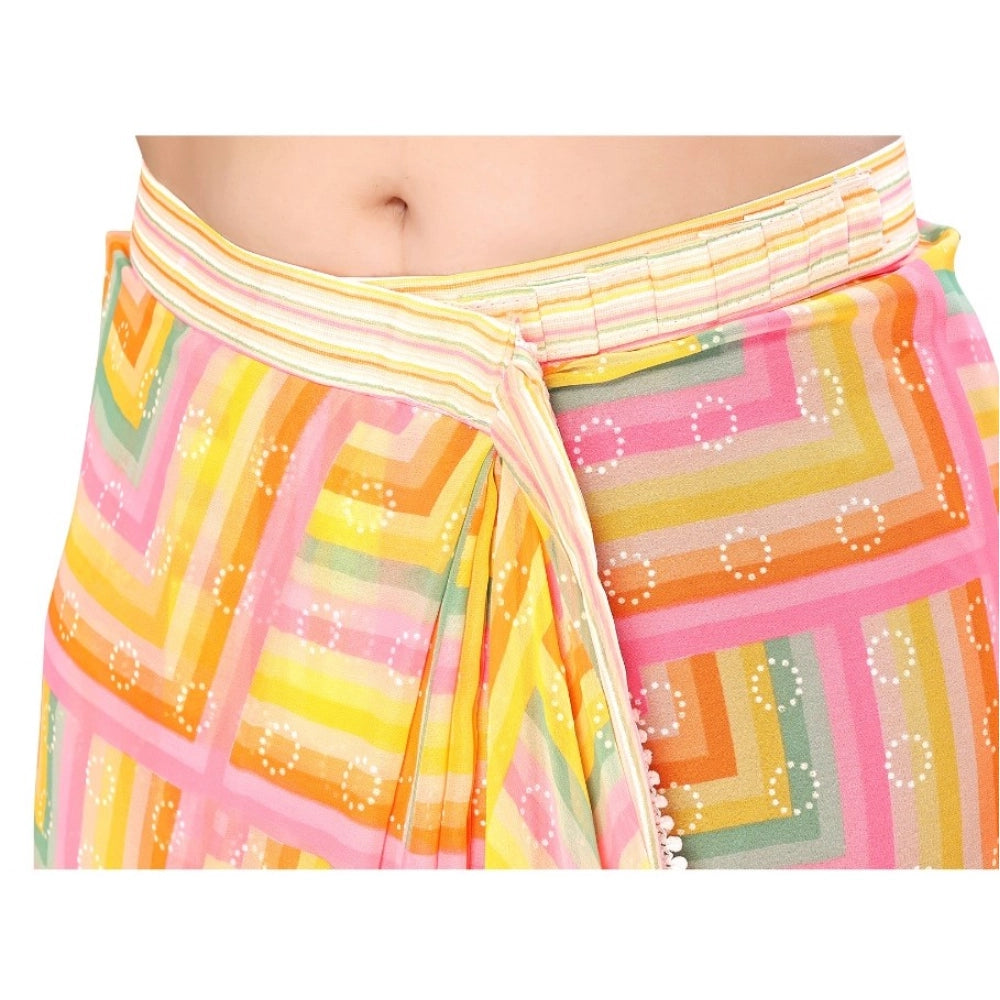 Amfyn Women's Small Lace Georgette Printed Ready-to-Wear Saree With Unstitched Blouse 5.5 Mtr (Yellow)