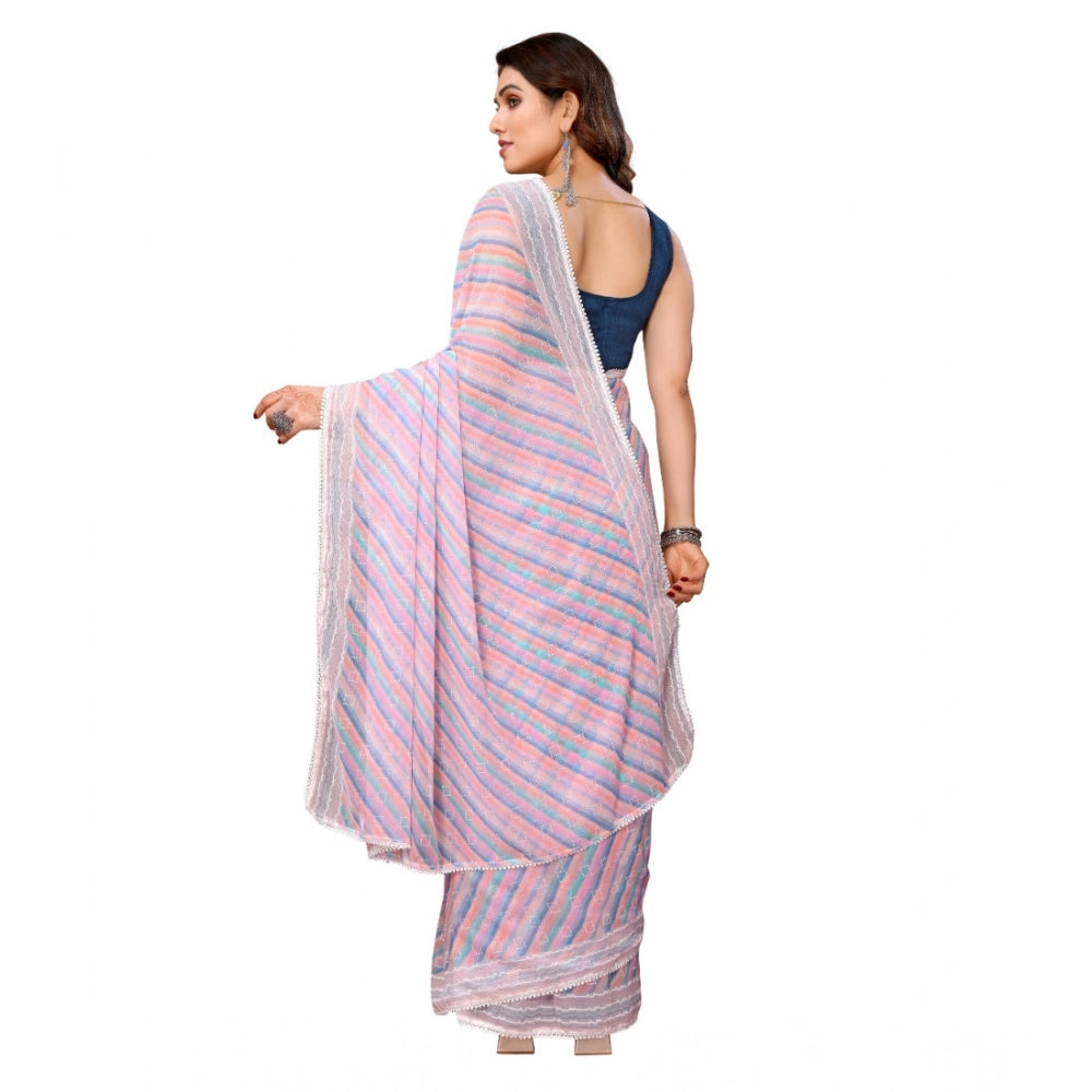 Amfyn Women's Small Lace Georgette Striped Ready-to-Wear Saree With Unstitched Blouse 5.5 Mtr (Purple)