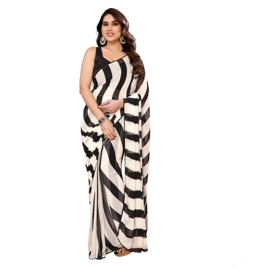 Amfyn Women's Small Lace Georgette Striped Ready-to-Wear Saree With Unstitched Blouse 5.5 Mtr (Black-White)