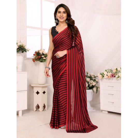 Amfyn Women's  Black Berry Striped Ready-to-Wear Saree With Unstitched Blouse 5.5 Mtr (Red-Black)