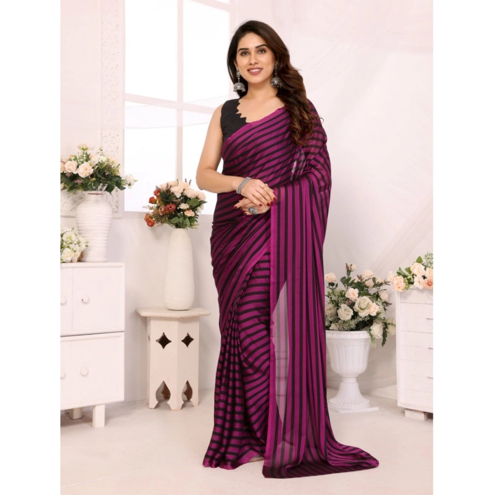 Amfyn Women's  Black Berry Striped Ready-to-Wear Saree With Unstitched Blouse 5.5 Mtr (Purple-Black)