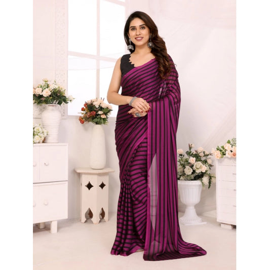 Amfyn Women's  Black Berry Striped Ready-to-Wear Saree With Unstitched Blouse 5.5 Mtr (Purple-Black)
