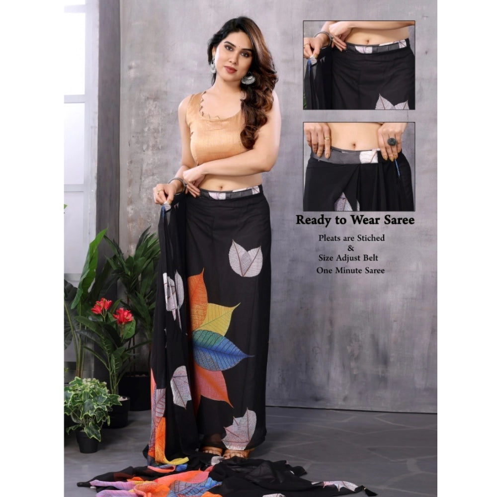 Amfyn Women's Small Lace Georgette Printed Ready-to-Wear Saree With Unstitched Blouse 5.5 Mtr (Black)