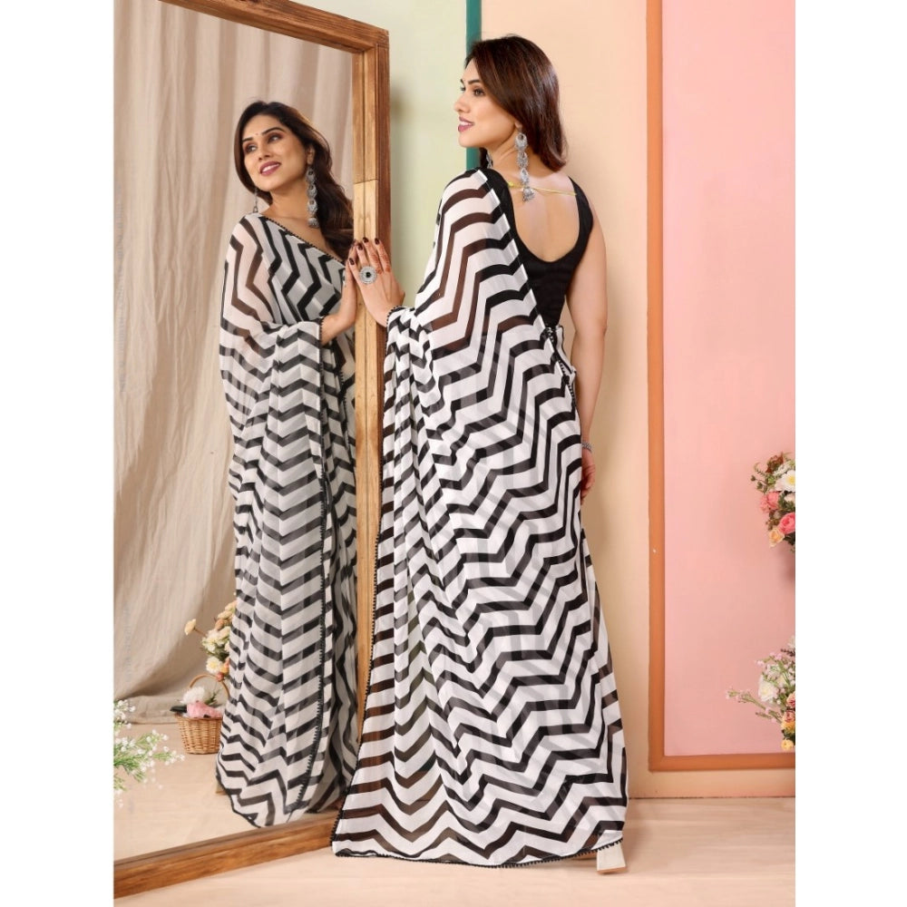 Amfyn Women's Small Lace Georgette Striped Ready-to-Wear Saree With Unstitched Blouse 5.5 Mtr (Black)