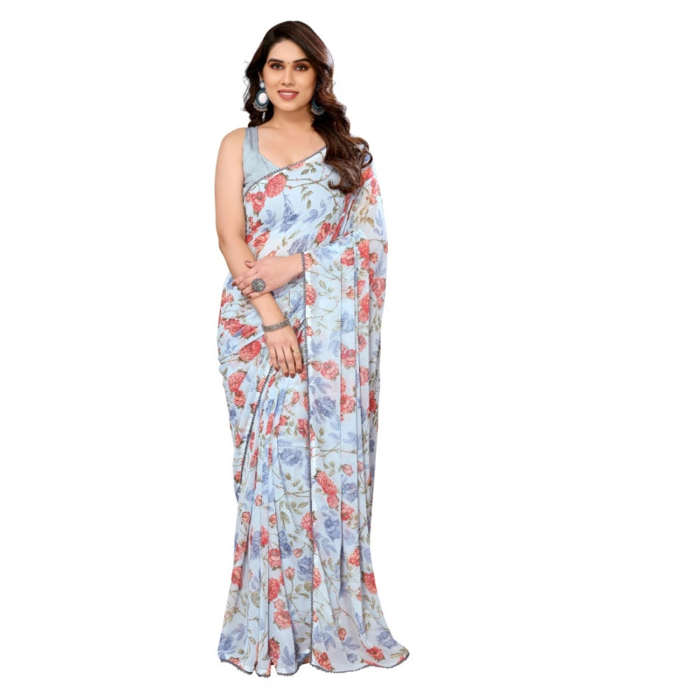 Amfyn Women's Small Lace Georgette Printed Ready-to-Wear Saree With Unstitched Blouse 5.5 Mtr (Sky Blue)