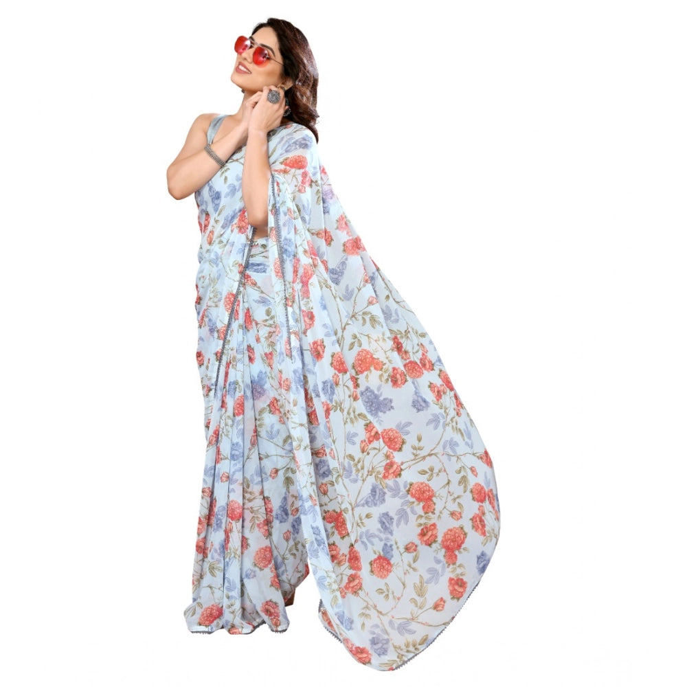 Amfyn Women's Small Lace Georgette Printed Ready-to-Wear Saree With Unstitched Blouse 5.5 Mtr (Sky Blue)