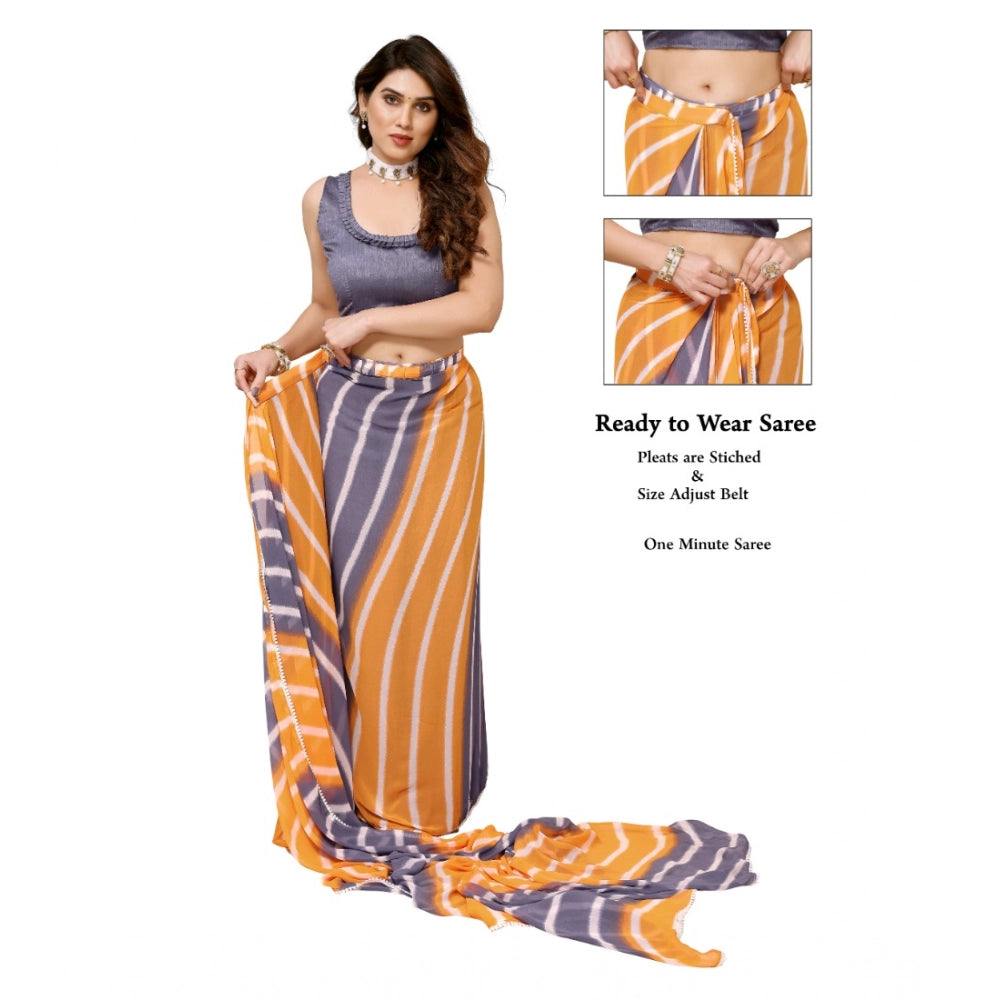 Amfyn Women's Small Lace Georgette Striped Ready-to-Wear Saree With Unstitched Blouse 5.5 Mtr (Orange-Grey)