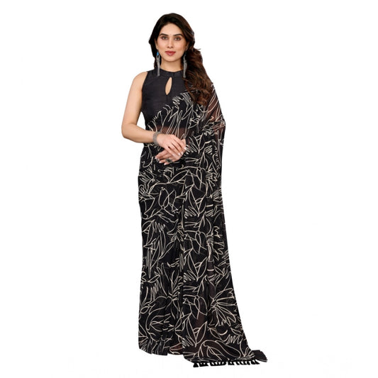 Amfyn Women's Zalar Lace Georgette Printed Ready-to-Wear Saree With Unstitched Blouse 5.5 Mtr (Black)