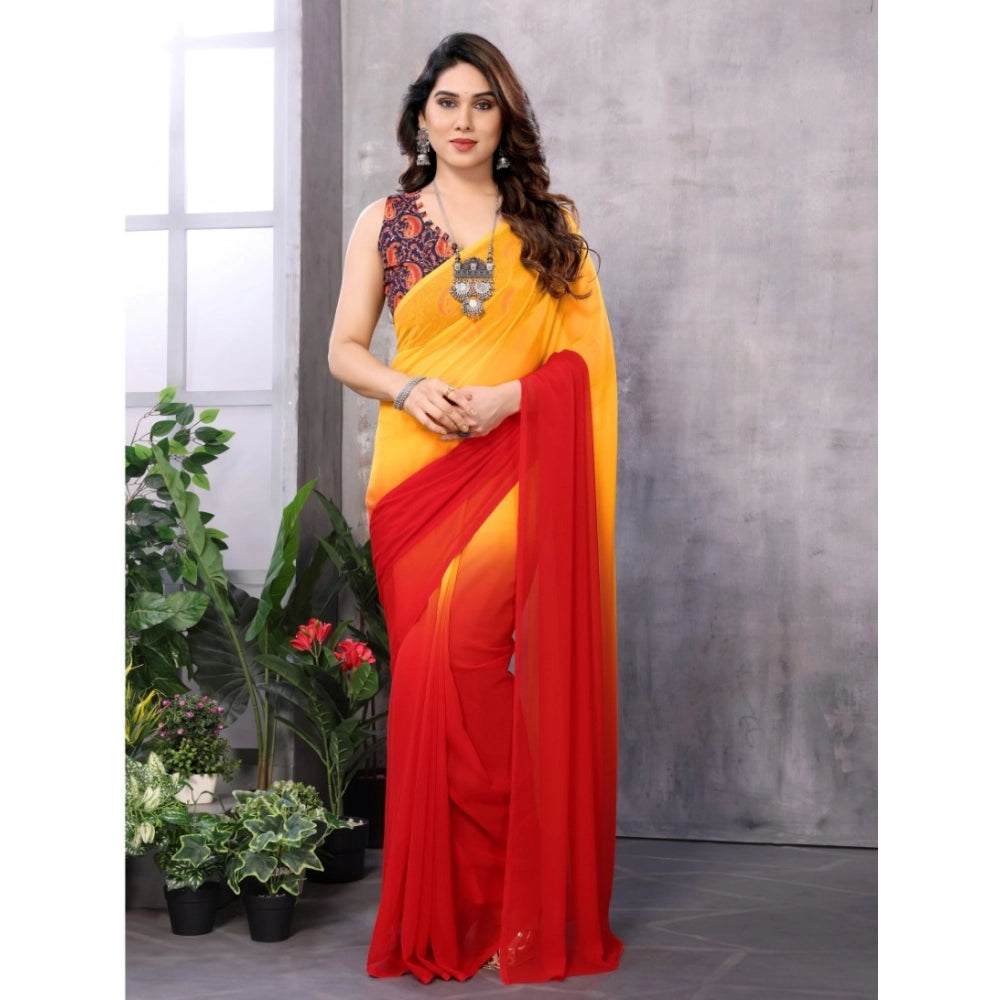 Amfyn Women's Small Lace Georgette Solid Ready-to-Wear Saree With Unstitched Blouse 5.5 Mtr (Red-Orange)