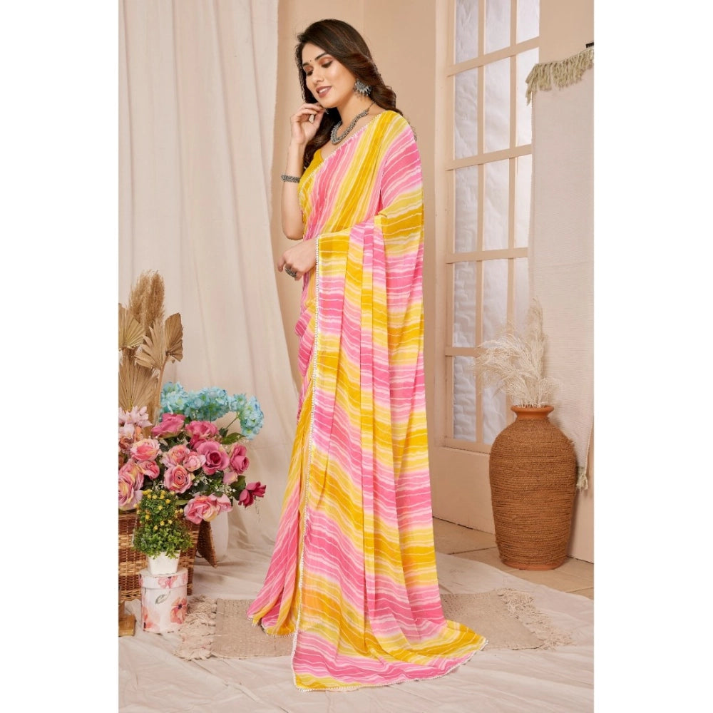 Amfyn Women's Small Lace Georgette Striped Ready-to-Wear Saree With Unstitched Blouse 5.5 Mtr (Yellow-Pink)