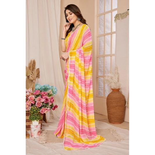 Amfyn Women's Small Lace Georgette Striped Ready-to-Wear Saree With Unstitched Blouse 5.5 Mtr (Yellow-Pink)