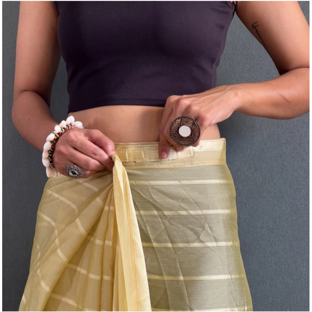 Amfyn Women's Chiffon Striped Ready to wear Saree With Unstitched Blouse 5.5 Mtr (Yellow)